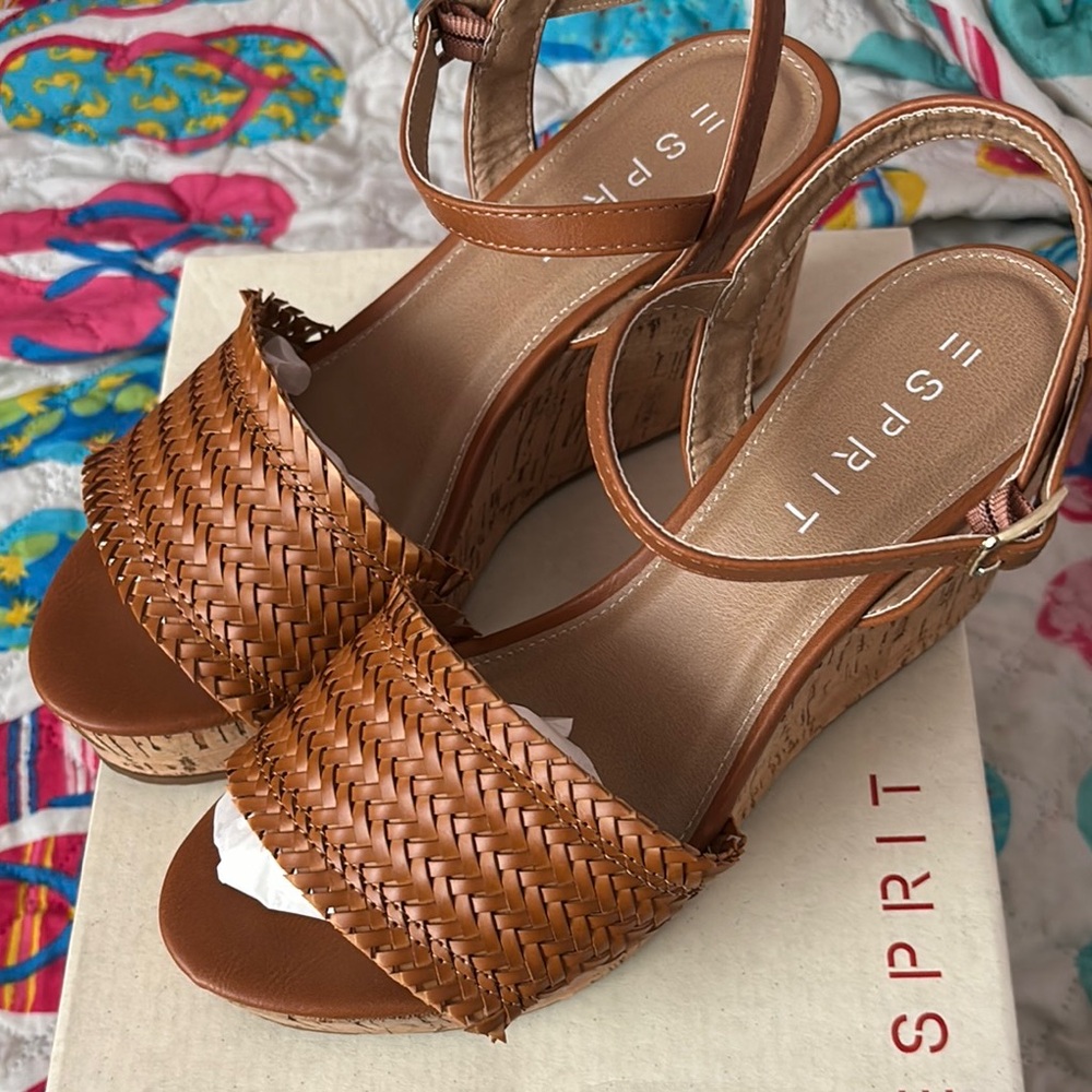 Esprit Brown Wedge Sandals with Woven Design